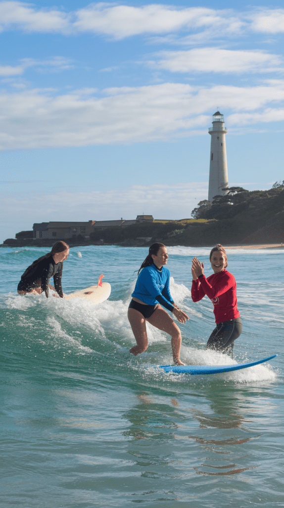 Two women learn to surf with a surf instructor near Byron Bay, Australia.